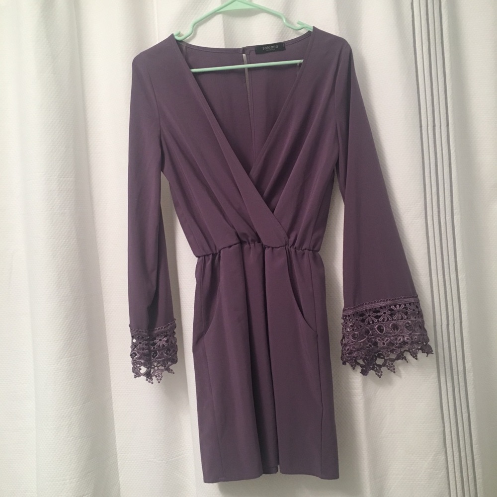 Solemio Purple Dress Lacy Sleeves and V Neck
